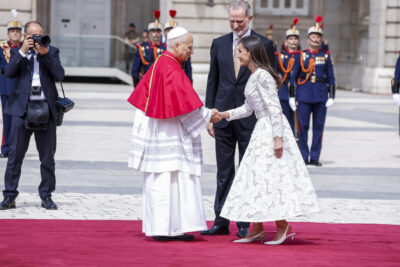 Queen Letizia of Spain, King Felipe of Spain. Princess Leonor, Princess Sofia receive Pope Leon XIV at the Royal palace during his first visit to Spain on the 6th of June of 2026 in Madrid, Spain Queen Letizia of Spain, King Felipe of Spain. Princess Leonor, Princess Sofia receive Pope Leon XIV at the Royal palace during his first visit to Spain on the 6th of June of 2026 in Madrid, Spain